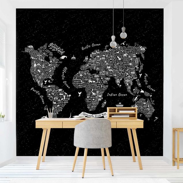 Papel pintado en blanco y negro Typography World Map Black
