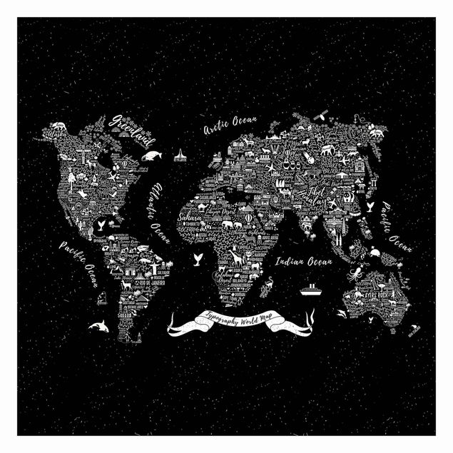 Papel pintado fondo negro Typography World Map Black