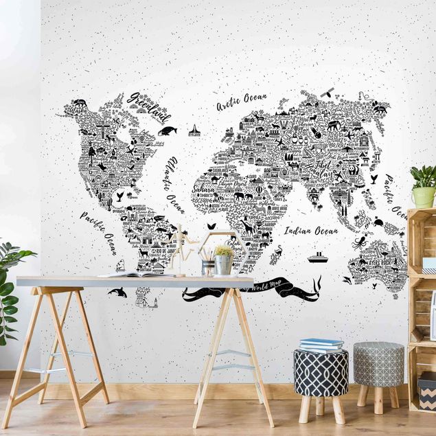 Papel pintado blanco y negro Typography World Map White