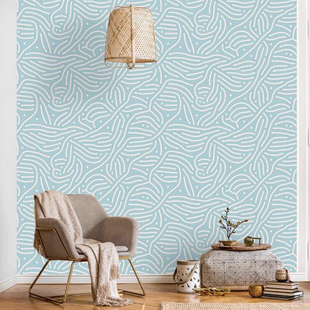 Papel pintado a rayas Playful Pattern With Lines And Dots In Light Blue