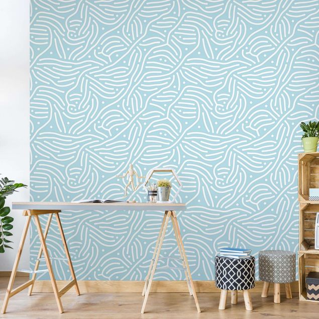 Papel pintado moderno Playful Pattern With Lines And Dots In Light Blue