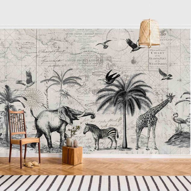 Papel pintado elefantes Vintage Collage - Exotic Map