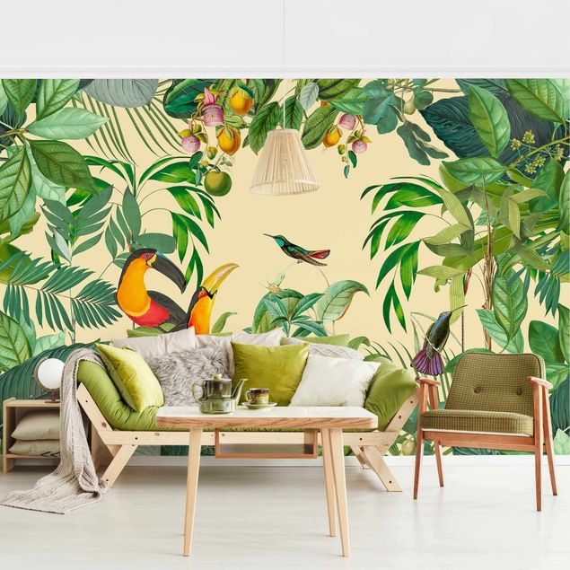 Papel pintado aves Vintage collage - birds in the jungle