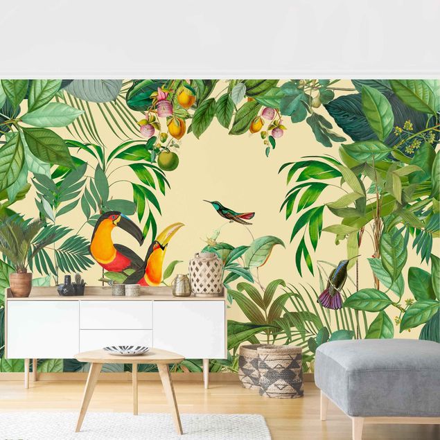 Papel pintado flores Vintage collage - birds in the jungle