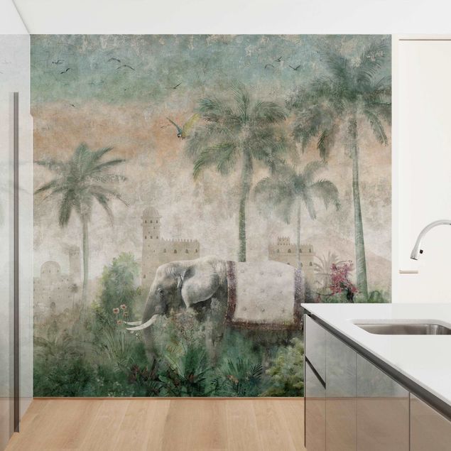 Papel pintado elefantes Vintage Jungle Scene with Elephant