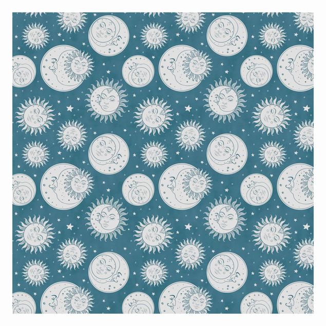 Papel pintado azul Vintage Sun, Moon And Stars
