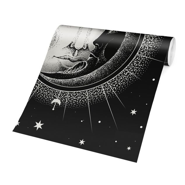Papel pintado en blanco y negro Vintage Sun And Moon Illustration