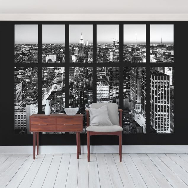 Papel pintado moderno Window View Manhattan Skyline In Black And White