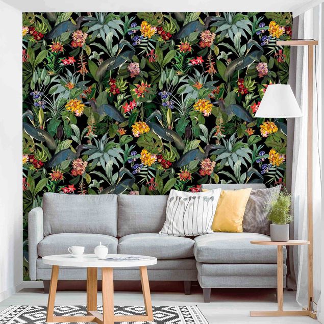 Papel pintado floral Birds With Tropical Flowers