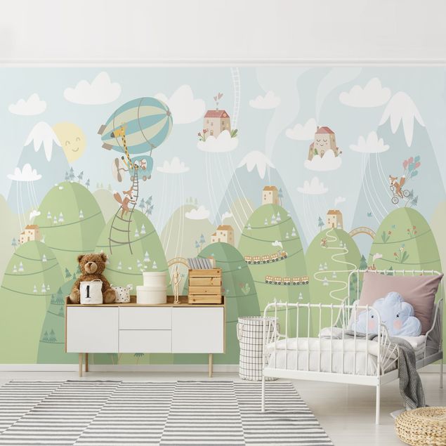 Papel pintado cielo nubes Forest With Houses And Animals