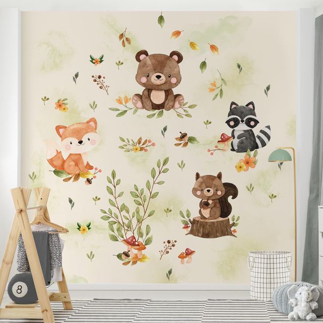 Papel pintado moderno Forest Animals Autumn Bear Squirrel Raccoon