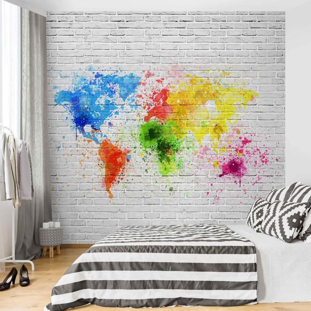 Papel pared 3d White Brick Wall World Map