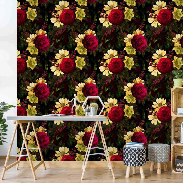 Papel pared flores White Flowers With Red Roses