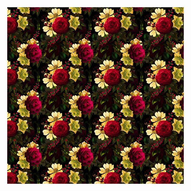 Papel pared rojo White Flowers With Red Roses