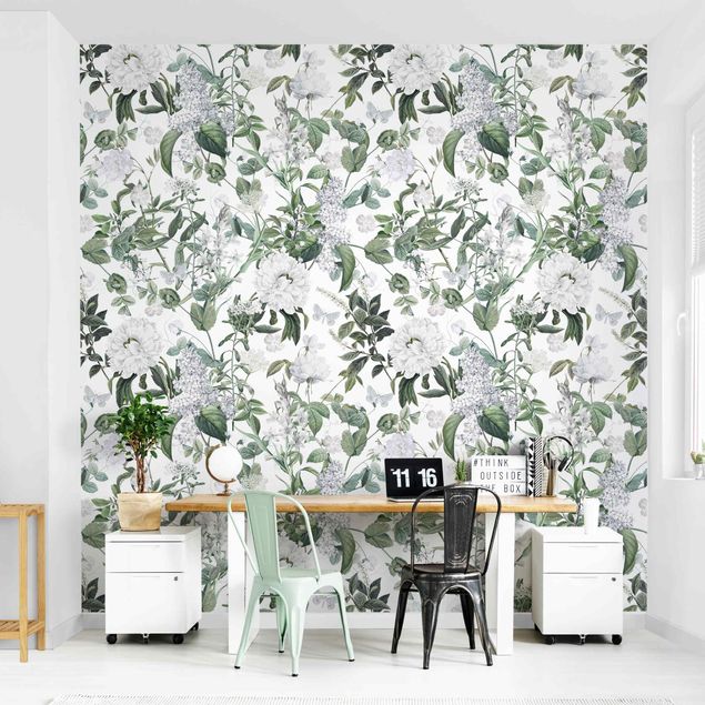 Papel pintado floral White Flowers And Butterflies