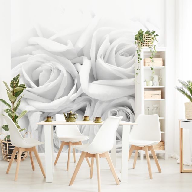 Papel pared flores White Roses Black And White