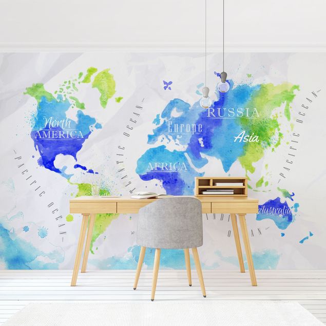 Papel pintado salón moderno World Map Watercolour Blue Green