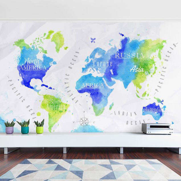 Papel pared mapamundi World Map Watercolour Blue Green