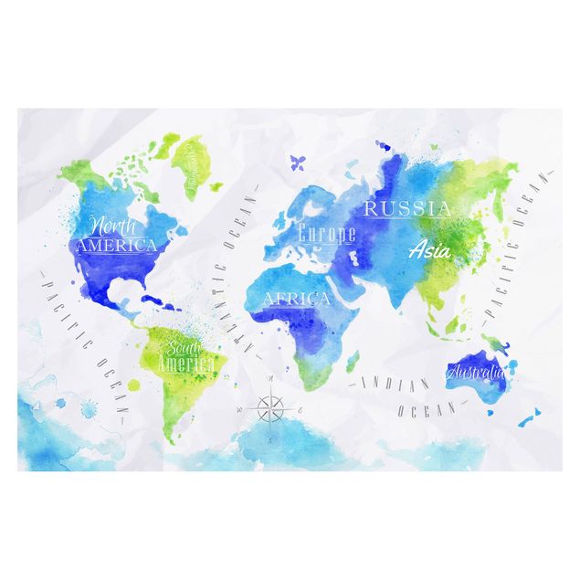 Papel de pared World Map Watercolour Blue Green