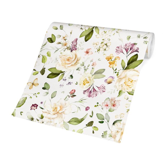 Papel pintado animales Wildflowers and White Roses Watercolour Pattern