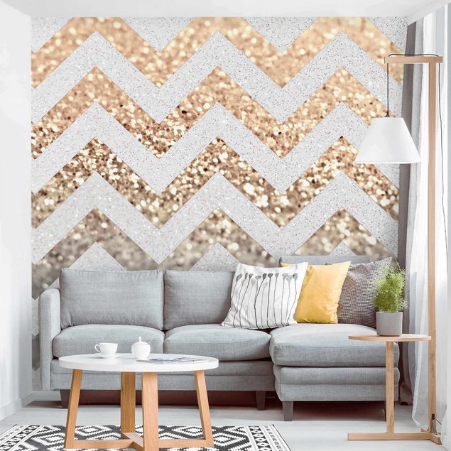 Papel pared geométrico Zigzag Lines With Golden Glitter and Silver