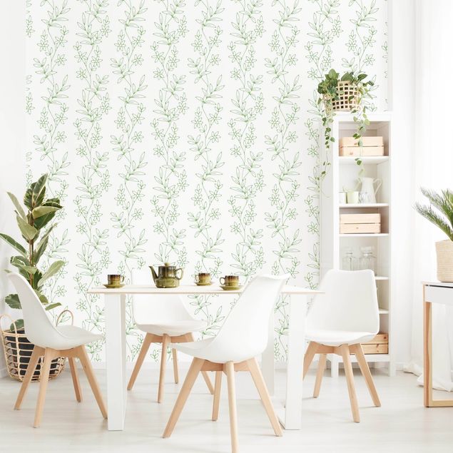 Papel pintado floral Delicate Climbing Flowers In Green