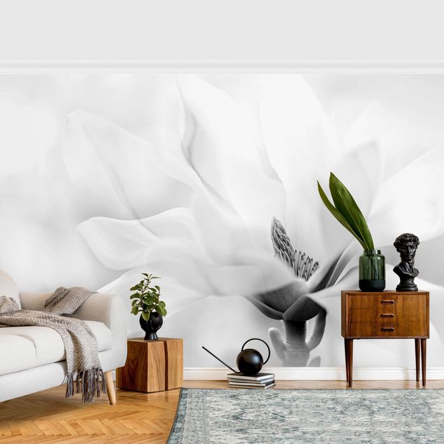 Papel pared flores Delicate Magnolia Flowers Black and White