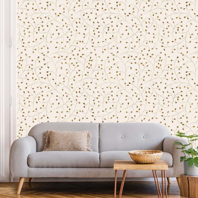 Papel pared dorado Delicate Branch Pattern With Dots In Gold