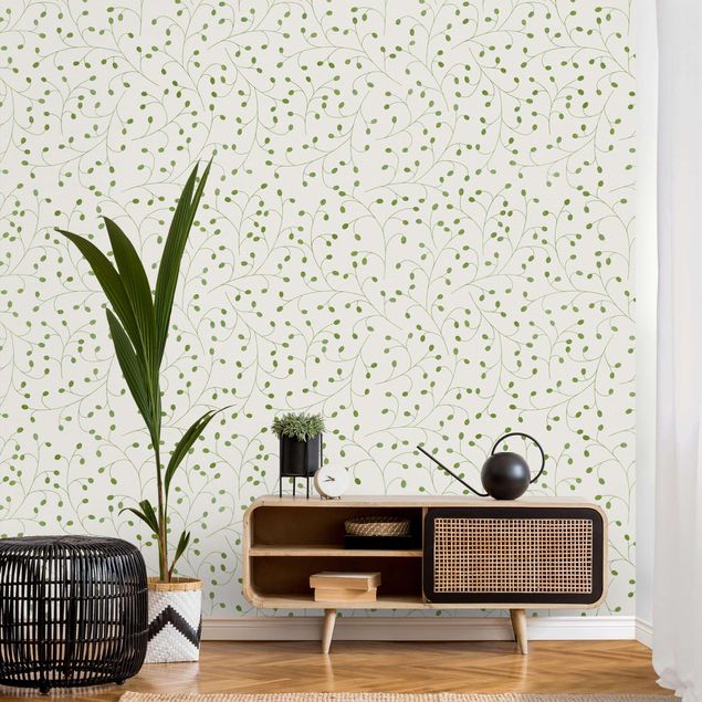 Papel pintado puntos Delicate Branch Pattern With Dots In Green II