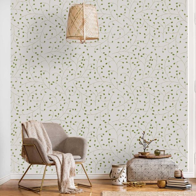 Papel pintado salón moderno Delicate Branch Pattern With Dots In Green II