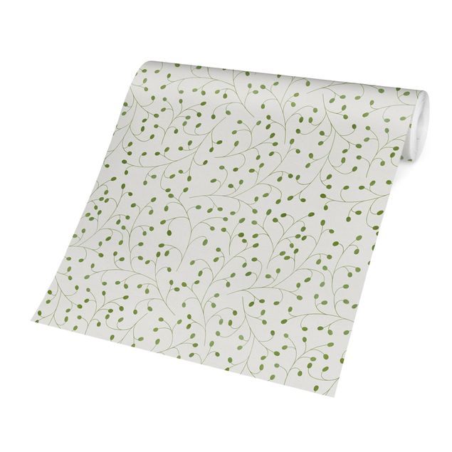 Papel pared verde Delicate Branch Pattern With Dots In Green II