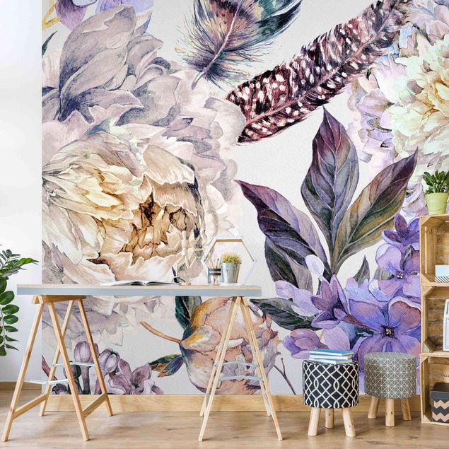 Papel pintado floral Delicate Watercolour Boho Flowers And Feathers Pattern