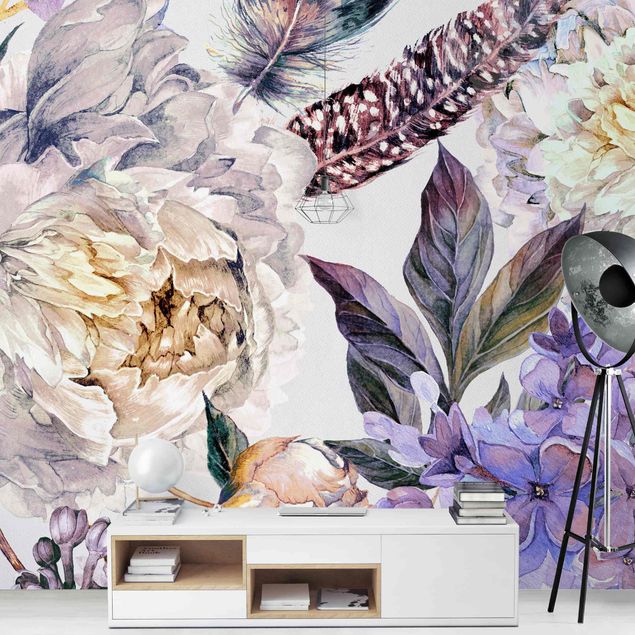 Papel pintado con patrones Delicate Watercolour Boho Flowers And Feathers Pattern