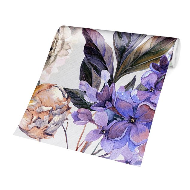 Papel pintado moderno Delicate Watercolour Boho Flowers And Feathers Pattern