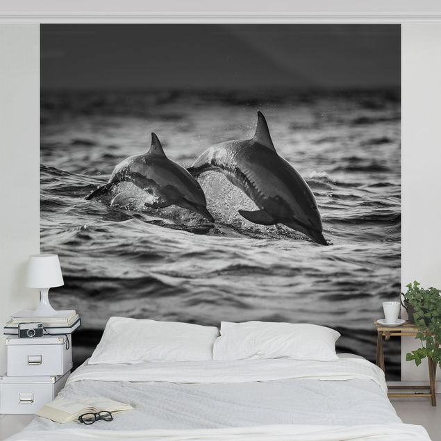 Papel pintado blanco y negro Two Jumping Dolphins