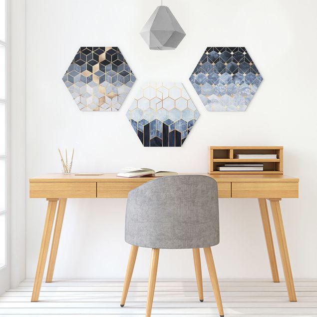 Láminas de cuadros famosos Blue White Golden Hexagons Set