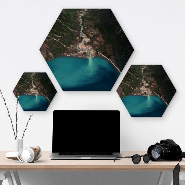 Hexagon Bild Holz - Fluss in Grönland