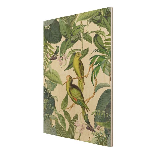 cuadro vintage madera Vintage Collage - Parrots In The Jungle