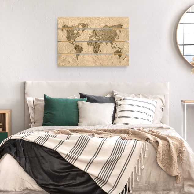 cuadros de madera decorativos Paper World Map Beige Brown