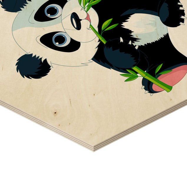 Hexagon Bild Holz - Naschender Panda
