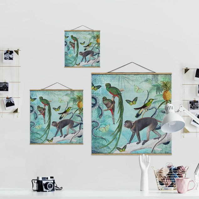 Cuadros verdes Colonial Style Collage - Monkeys And Birds Of Paradise
