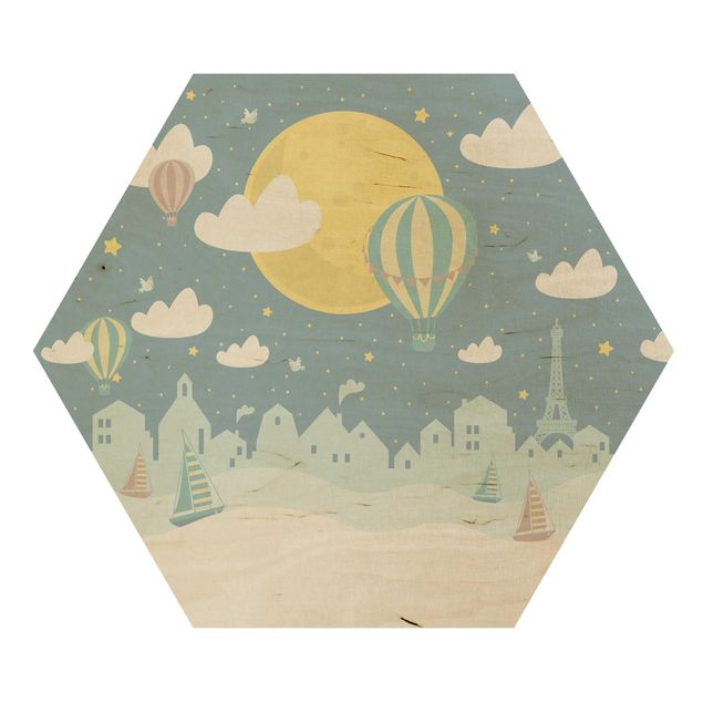 Hexagon Bild Holz - Paris mit Sternen und Heißluftballon