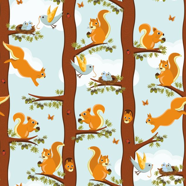 Láminas de vinilo Cute Kids Pattern With Squirrels And Baby Birds