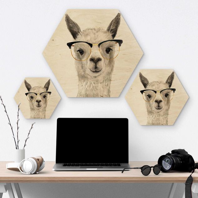 Hexagon Bild Holz - Hippes Lama mit Brille I