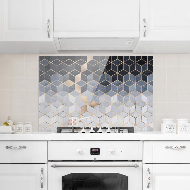 Panel antisalpicaduras cocina patrones Blue White Golden Geometry