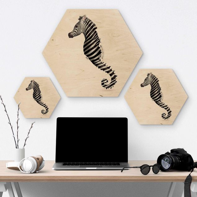 Hexagon Bild Holz - Jonas Loose - Seepferdchen mit Zebrastreifen