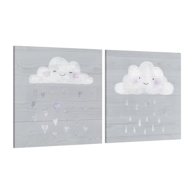 Cuadros decorativos Clouds With Silver Hearts And Drops Set I