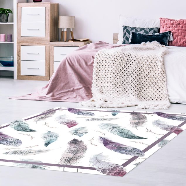 Alfombras modernas Boho Watercolour Feathers In Aubergine And Petrol Colour With Frame