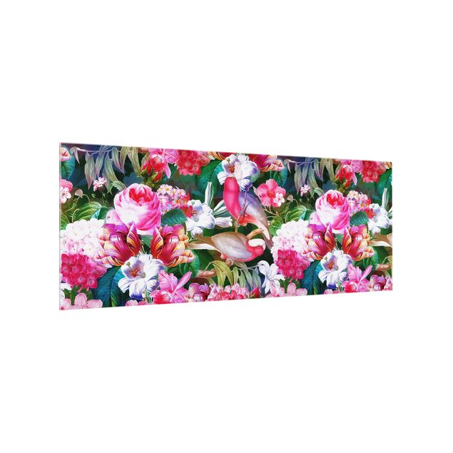 Panel antisalpicaduras cocina patrones Colourful Tropical Flowers With Birds Pink