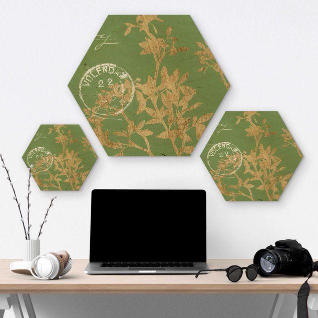 Hexagon Bild Holz - Goldene Blätter auf Lind II